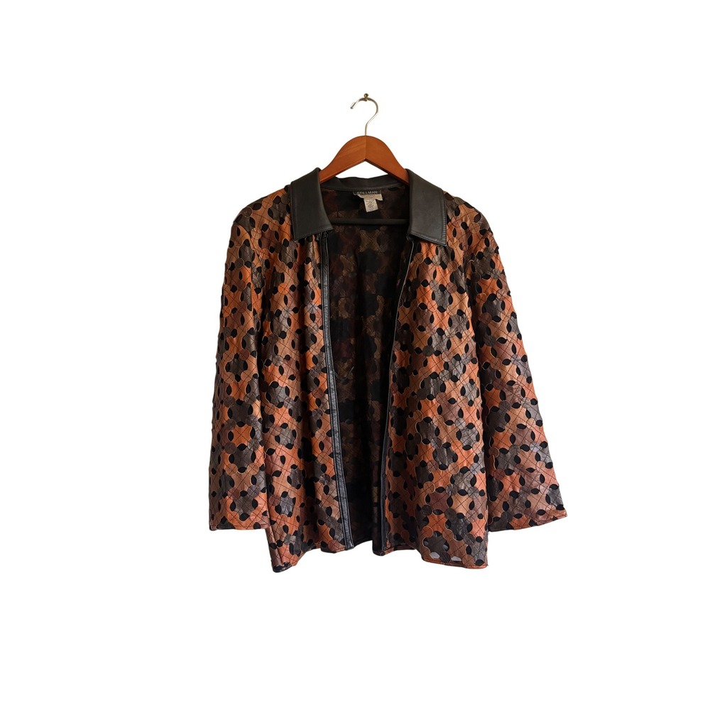 Stillman Studio NY Women L Leather Jacket Laser Cut Geometric Copper Black Boho